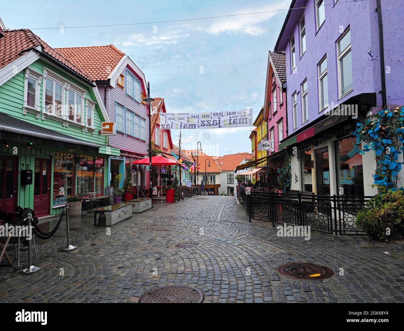 Streets and harbour area of old Stavanger Norway with historic wooden buildings Stock Photo