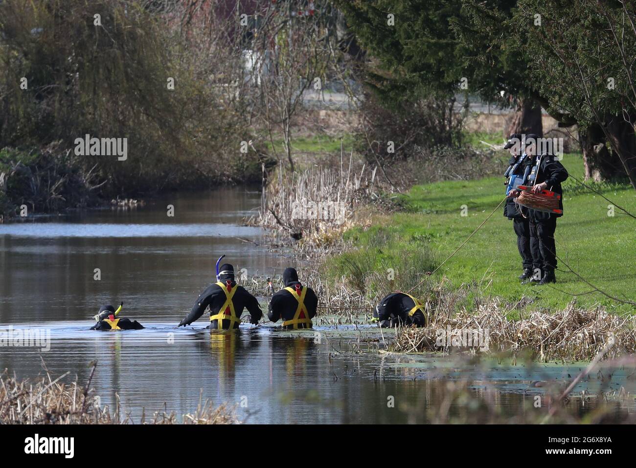 File photo dated 15/03/2021 of police divers searching near Rope Walk in Sandwich, Kent, after a body found hidden in woodland at Ashford was identified as that of 33-year-old Sarah Everard. Metropolitan Police officer Wayne Couzens, 48, has pleaded guilty at the Old Bailey in London to the murder of Sarah Everard. Issue date: Friday July 9, 2021. Stock Photo