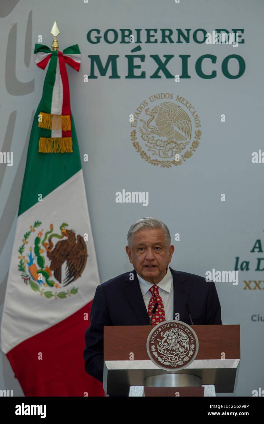 MEXICO CITY, MEXICO JULY 5: Mexico’s President, Andres Manuel Lopez Obrador  speaks  during the  Ceremony of Flagging of the athletes who will represent Mexico towards the XXXII Olympic Games, Tokyo 2021 at National Center for the Development of Sports Talents and High Performance (CNAR) on July 5, 2021 in Mexico City, Mexico. Credit: Ricardo Flores/Eyepix Group/The Photo Access Stock Photo