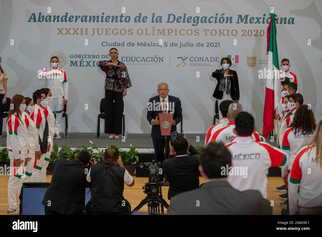 MEXICO CITY, MEXICO JULY 5: Mexico’s President, Andres Manuel Lopez Obrador  speaks  during the  Ceremony of Flagging of the athletes who will represent Mexico towards the XXXII Olympic Games, Tokyo 2021 at National Center for the Development of Sports Talents and High Performance (CNAR) on July 5, 2021 in Mexico City, Mexico. Credit: Ricardo Flores/Eyepix Group/The Photo Access Stock Photo