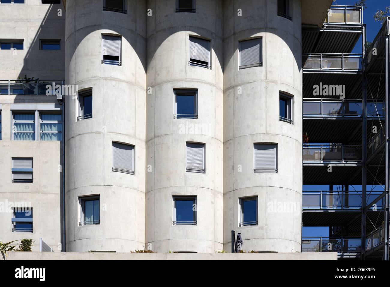 Irregular Window Patterns of Converted Silo or Building Conversion of Concrete Industrial Silo into Up-Market Apartments Aix-en-Provence France Stock Photo