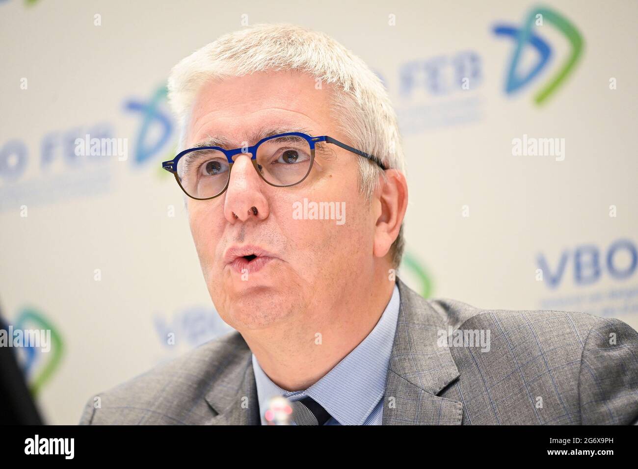 FEB-VBO CEO Pieter Timmermans pictured during the bi-annual press conference of the VBO-FEB (Federation of Enterprises in Belgium - Verbond van Belgis Stock Photo
