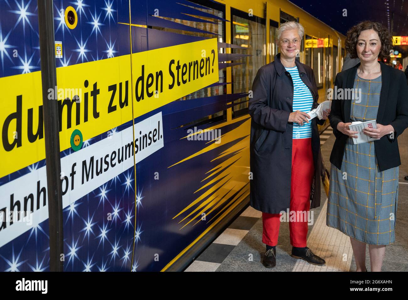 Berlin, Germany. 09th July, 2021. Eva Kreienkamp (l), Chairwoman of the BVG,  and Ramona Pop (Bündnis 90/ Die Grünen), Senator for Economics, Energy and  Operations, stand in front of a special train