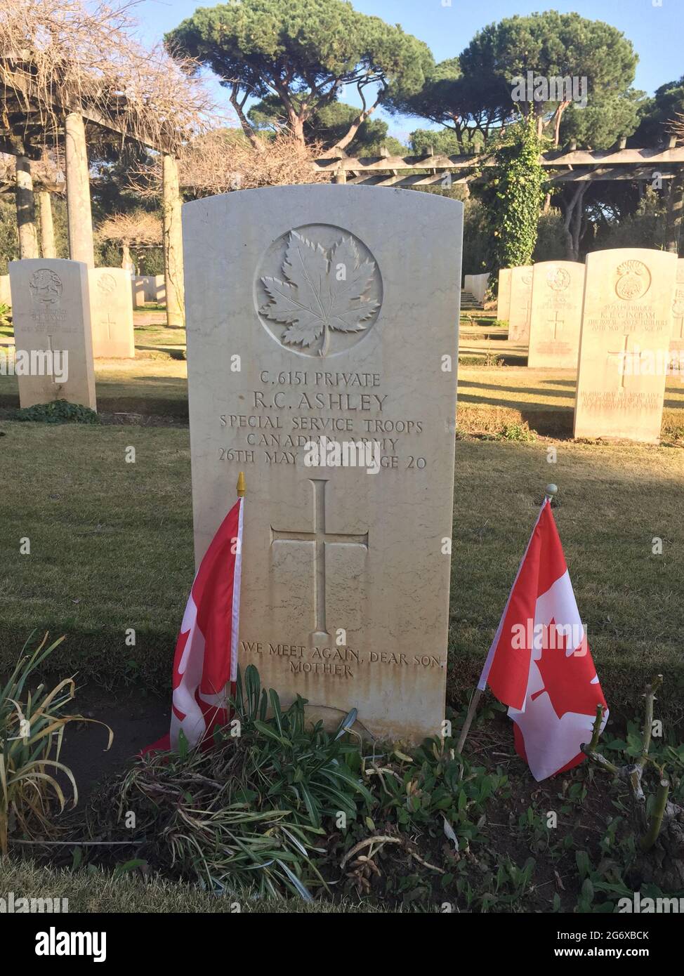 ANZIO, ROME, ITALY - JANUARY 23, 2020: grave of a canadian soldier in the Beach Head War Cemetery (also called the English Cemetery) Anzio, Italy Stock Photo