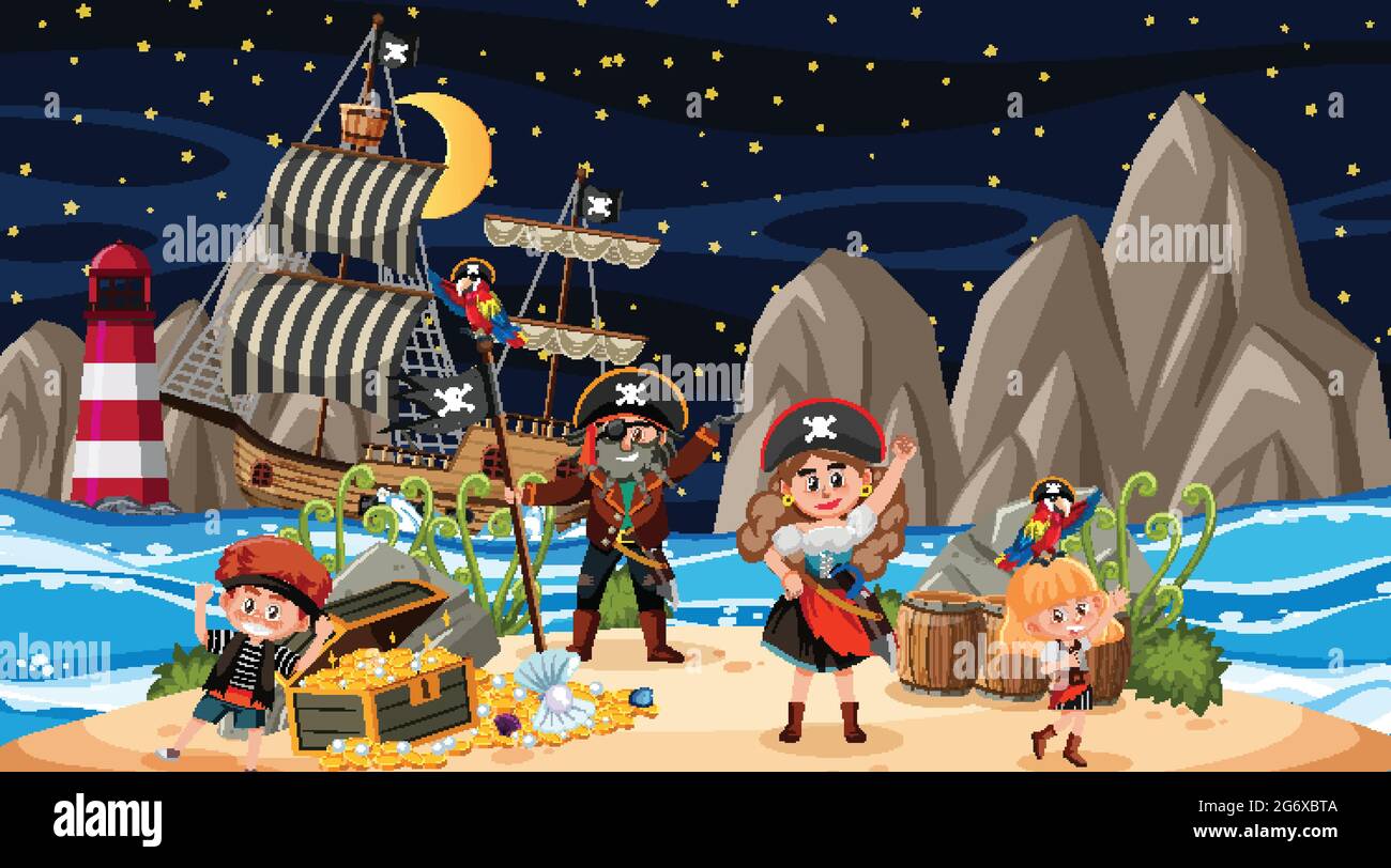 Treasure Island scene at night with Pirate kids illustration Stock ...
