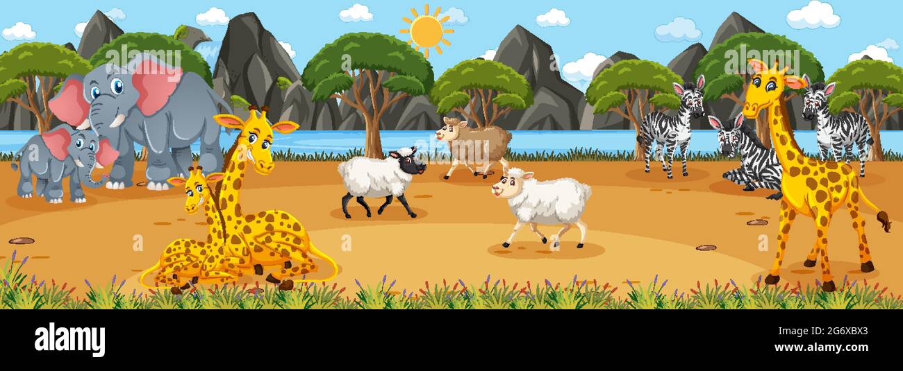 Forest panorama at daytime scene with various wild animals illustration ...