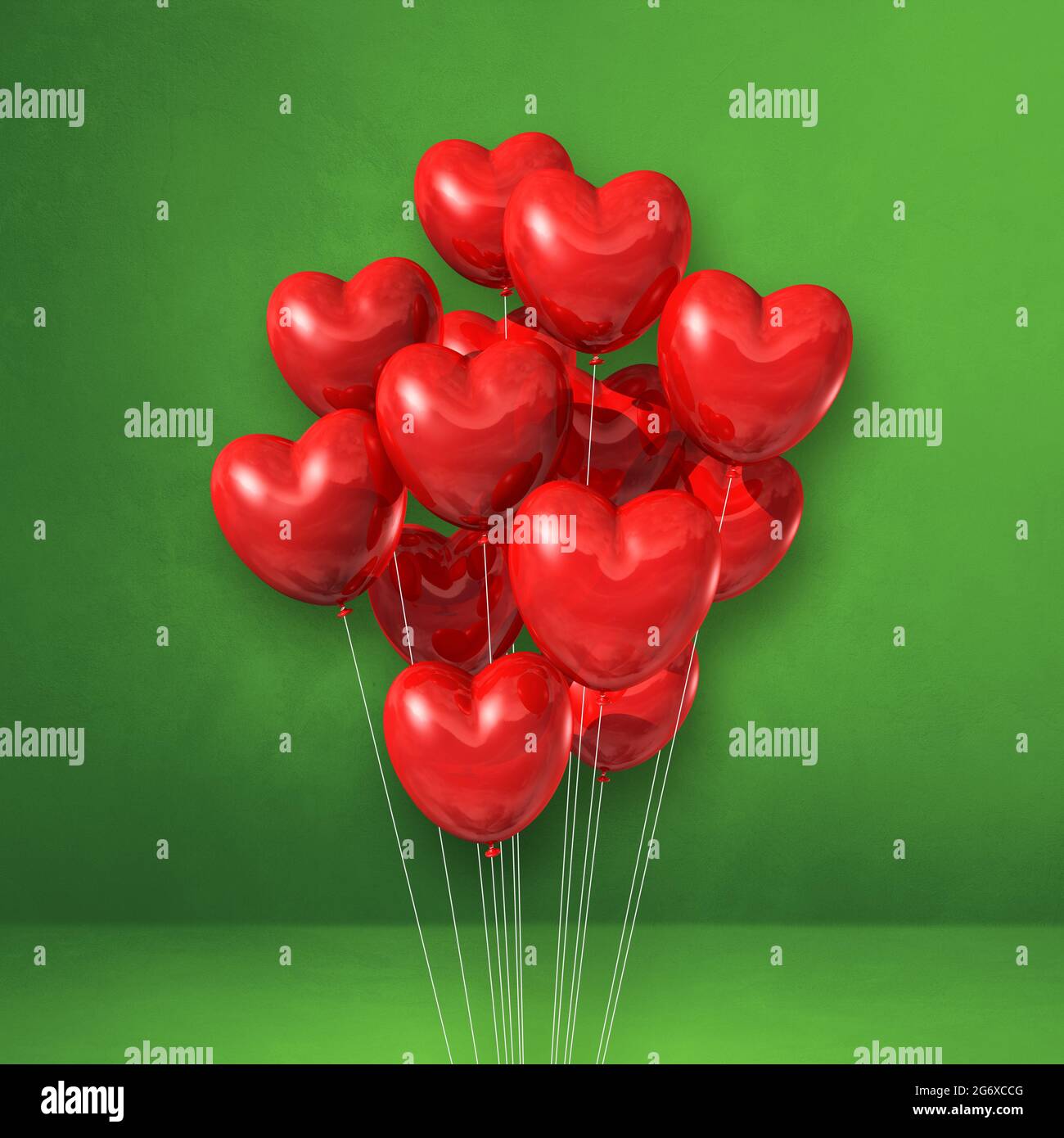 Red heart shape balloons bunch on a bgreen wall background. 3D ...