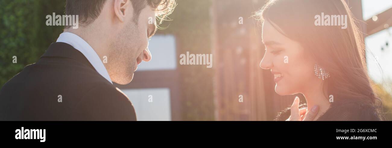 happy man and cheerful woman on terrace, banner Stock Photo - Alamy