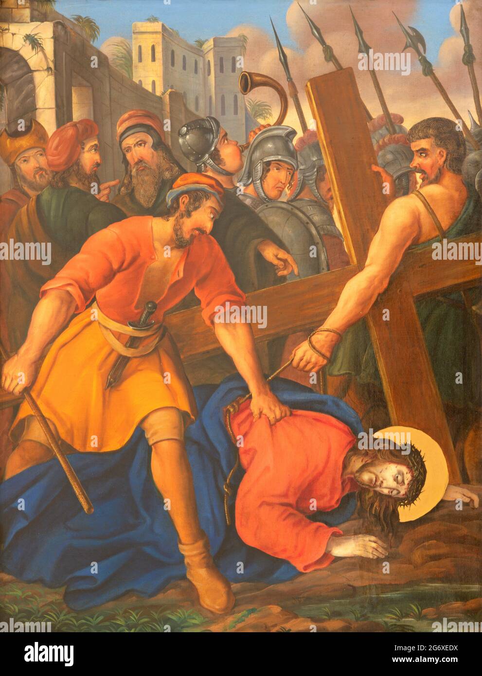 VIENNA, AUSTIRA - JUNI 17, 2021: The painting Jesus fall under the cross  as part of Cross way stations in church Rochuskirche by unknown artist. Stock Photo