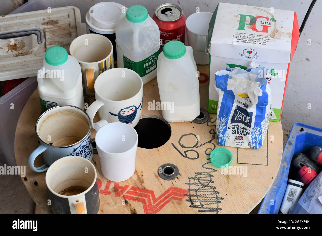 Real life builders tea station on a working site Stock Photo - Alamy