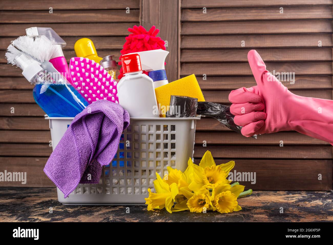 Spring cleaning office or house concept. Different cleaning supplies on ...