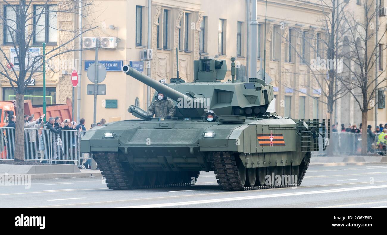 April 30, 2021 Moscow, Russia. Promising Russian T-14 Armata Main Tank on Tverskaya Street in Moscow. Stock Photo