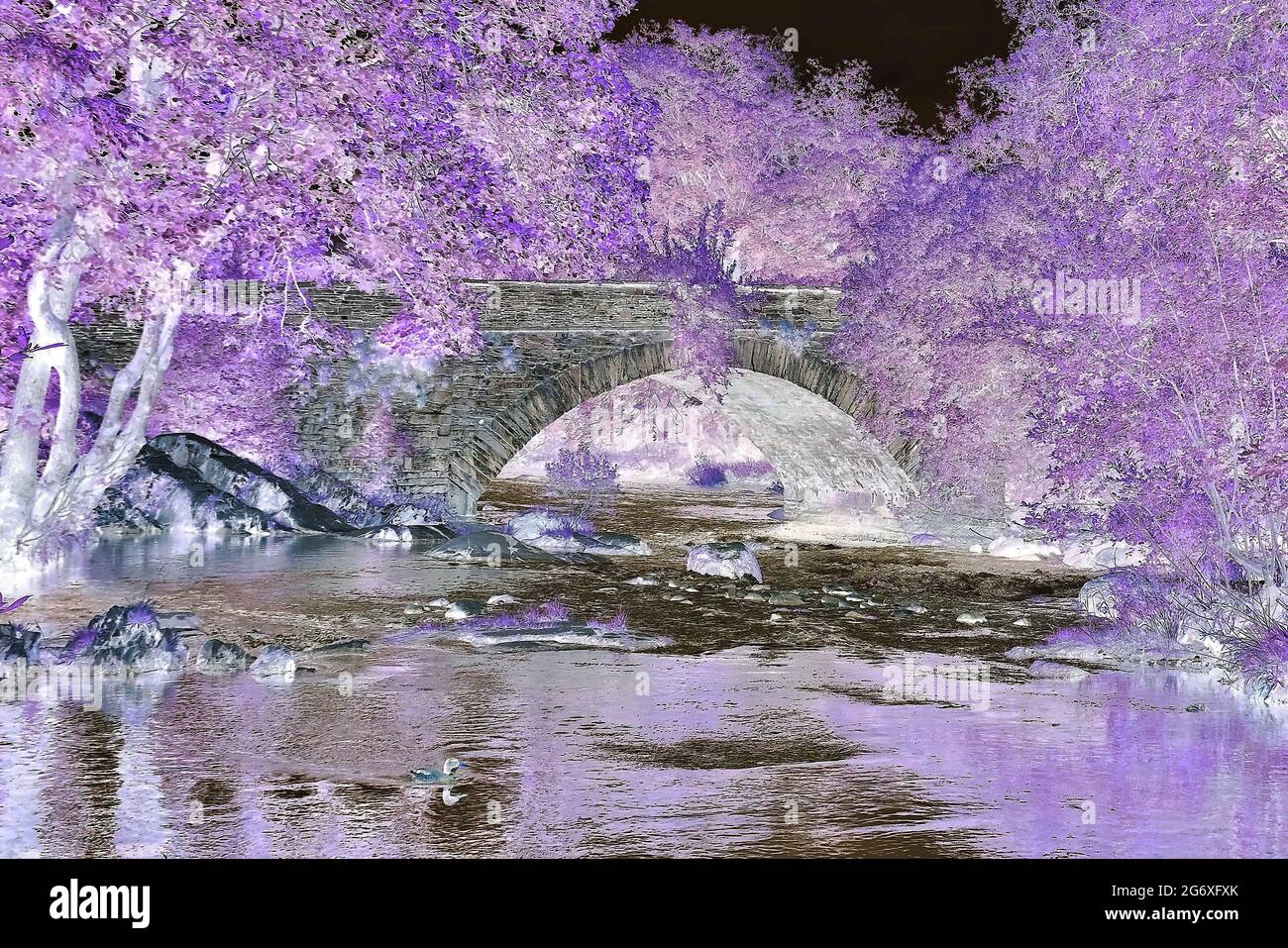 The 'Skelwith Bridge', River Brathay, Cumbria, England with colours inverted to produce a blend of purples, silvers and greys. Stock Photo