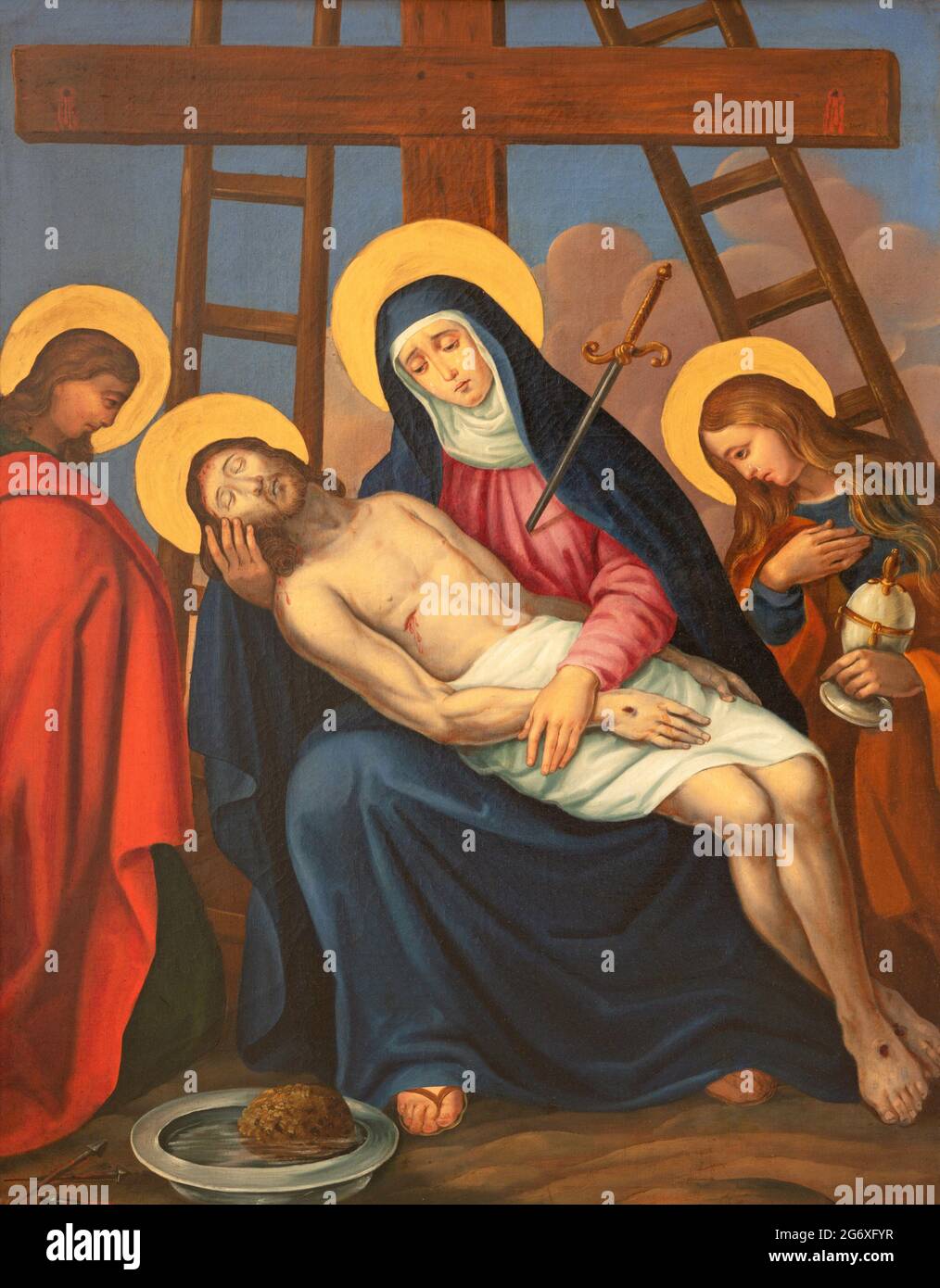 VIENNA, AUSTIRA - JUNI 17, 2021: The painting  Deposition of the cross (Pieta) as part of Cross way stations in church Rochuskirche by unknown artist. Stock Photo