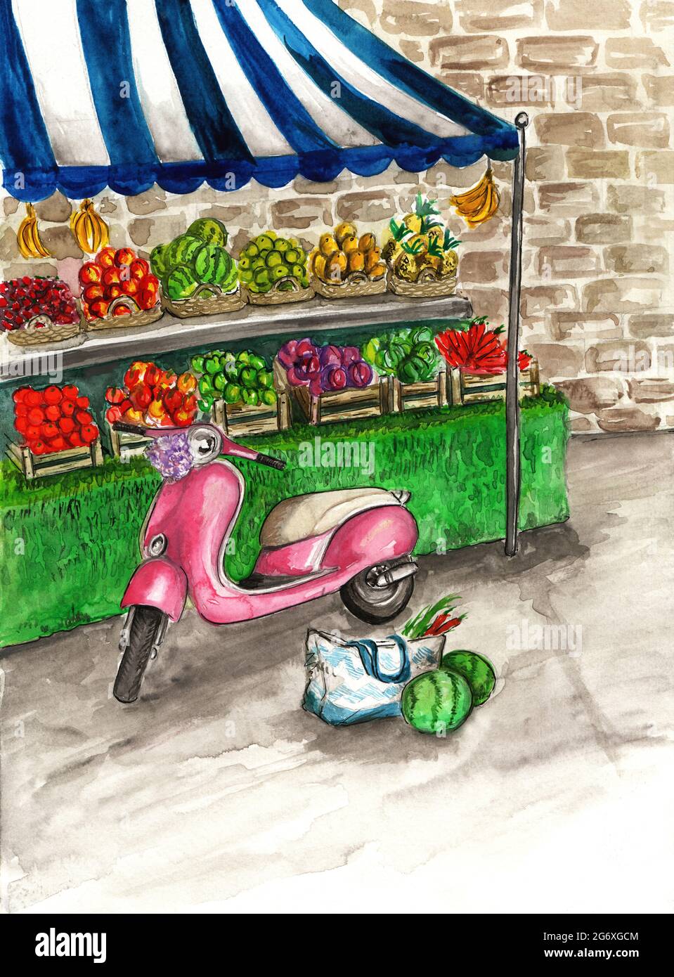 Hand-painted watercolour of a parked pink retro moped, in front of a fruit and veg farmers market stall, with brick wall in the background Stock Photo