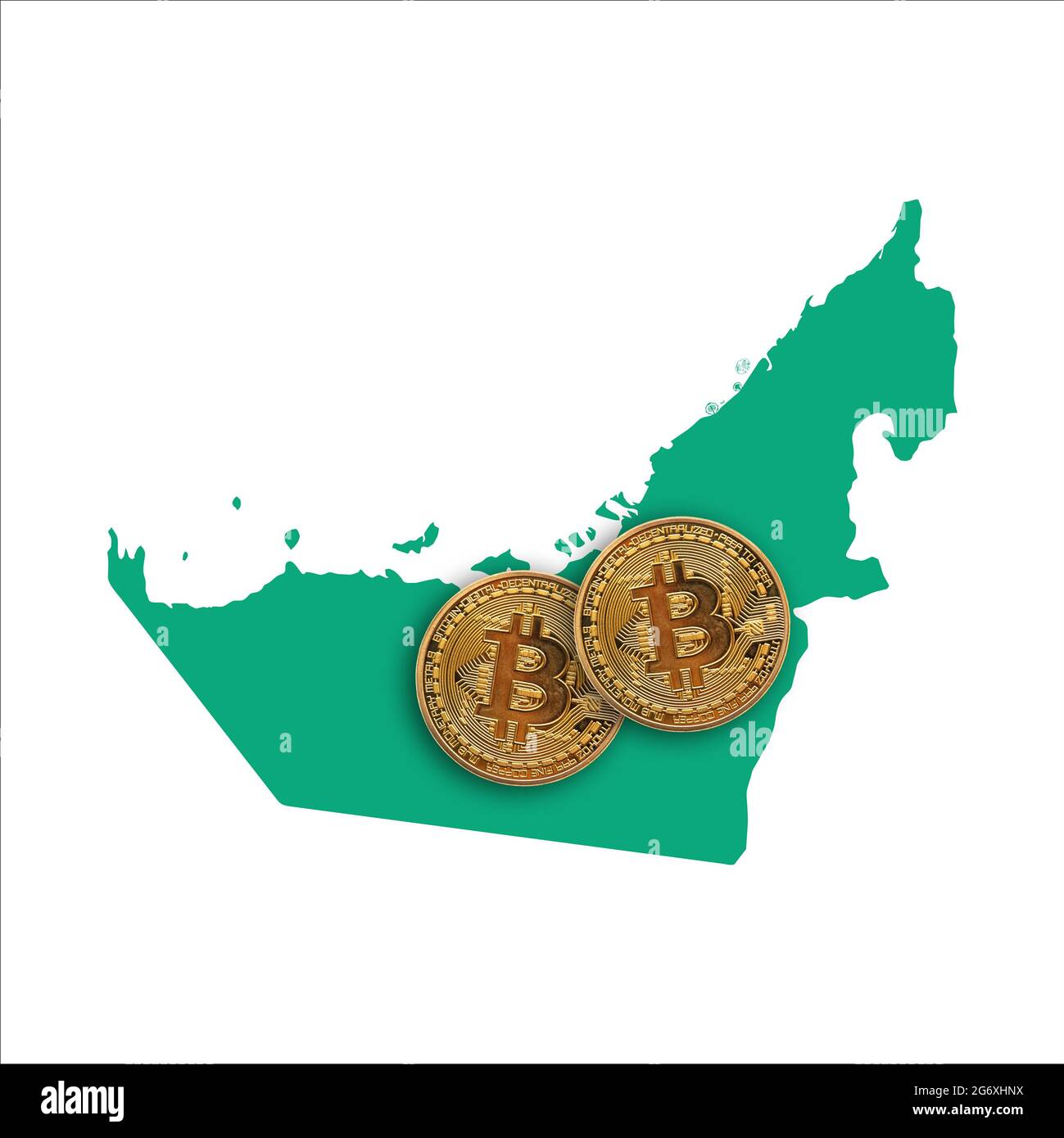 Bitcoin cryptocurrency coin on a map of UAE Stock Photo