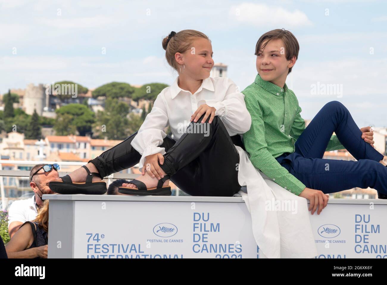 Maya Vanderbeque and Günter Duret pose at the photocall of 'Un Monde' during the 74th Annual Cannes Film Festival at Palais des Festivals in Cannes, France, on 08 July 2021. Stock Photo
