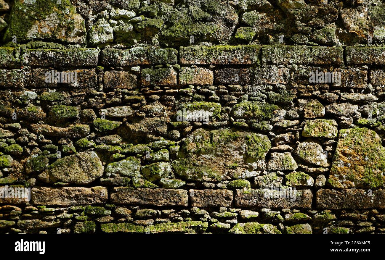Ancient stone wall with moss background Stock Photo - Alamy