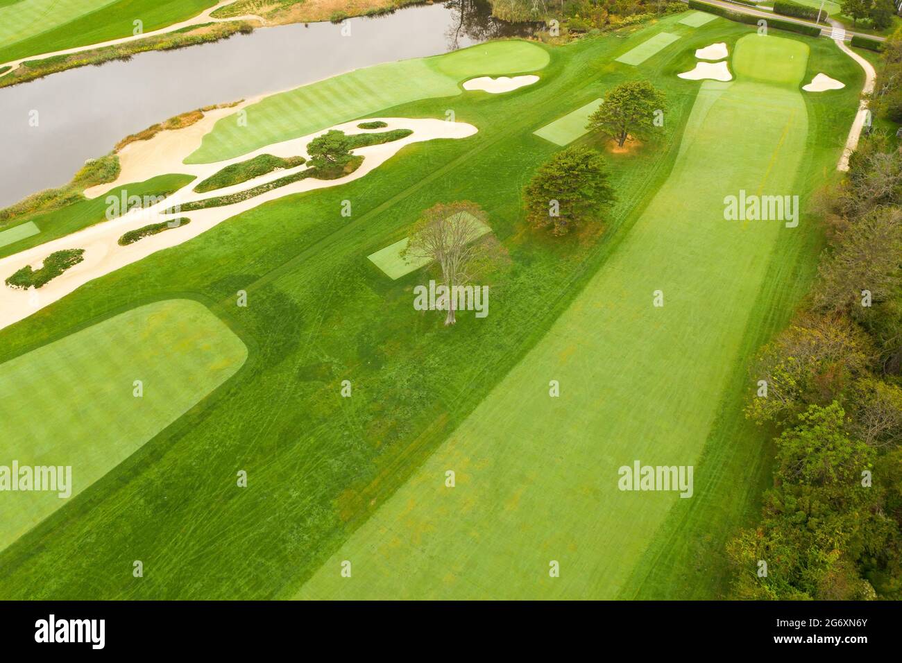 Aerial of a lush, green golf course. Stock Photo