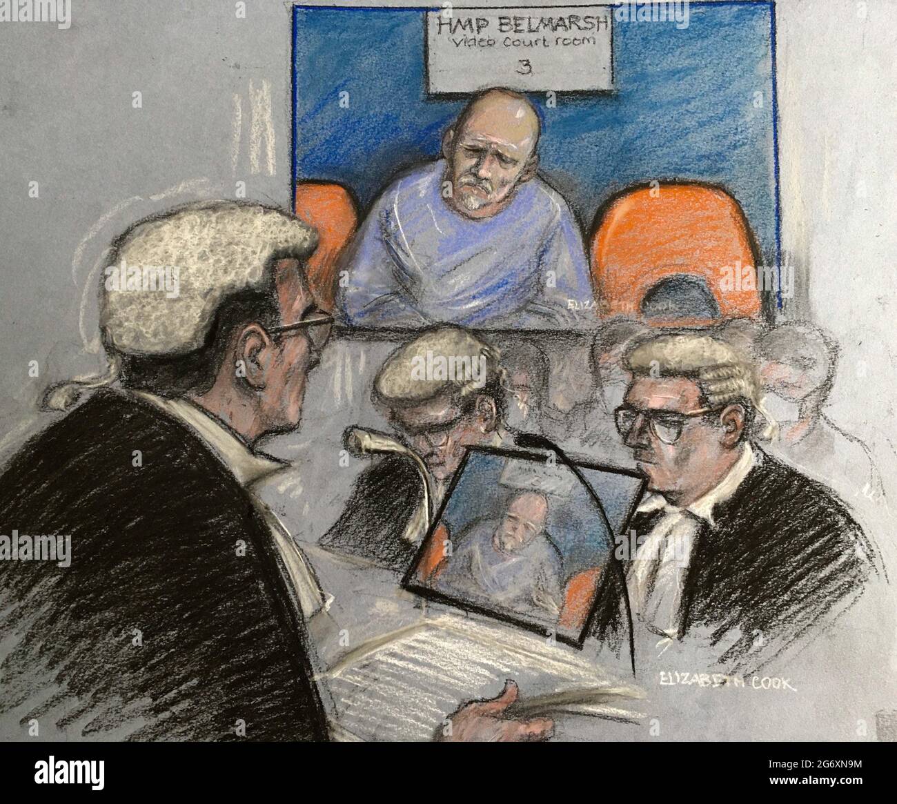 Court artist sketch by Elizabeth Cook of Lord Justice Fulford (left) with Pc Wayne Couzens attending a murder plea hearing at the Old Bailey, by video link from Belmarsh top security jail in south London. He has pleaded guilty to the murder of Sarah Everard. Picture date: Friday July 9, 2021. Stock Photo