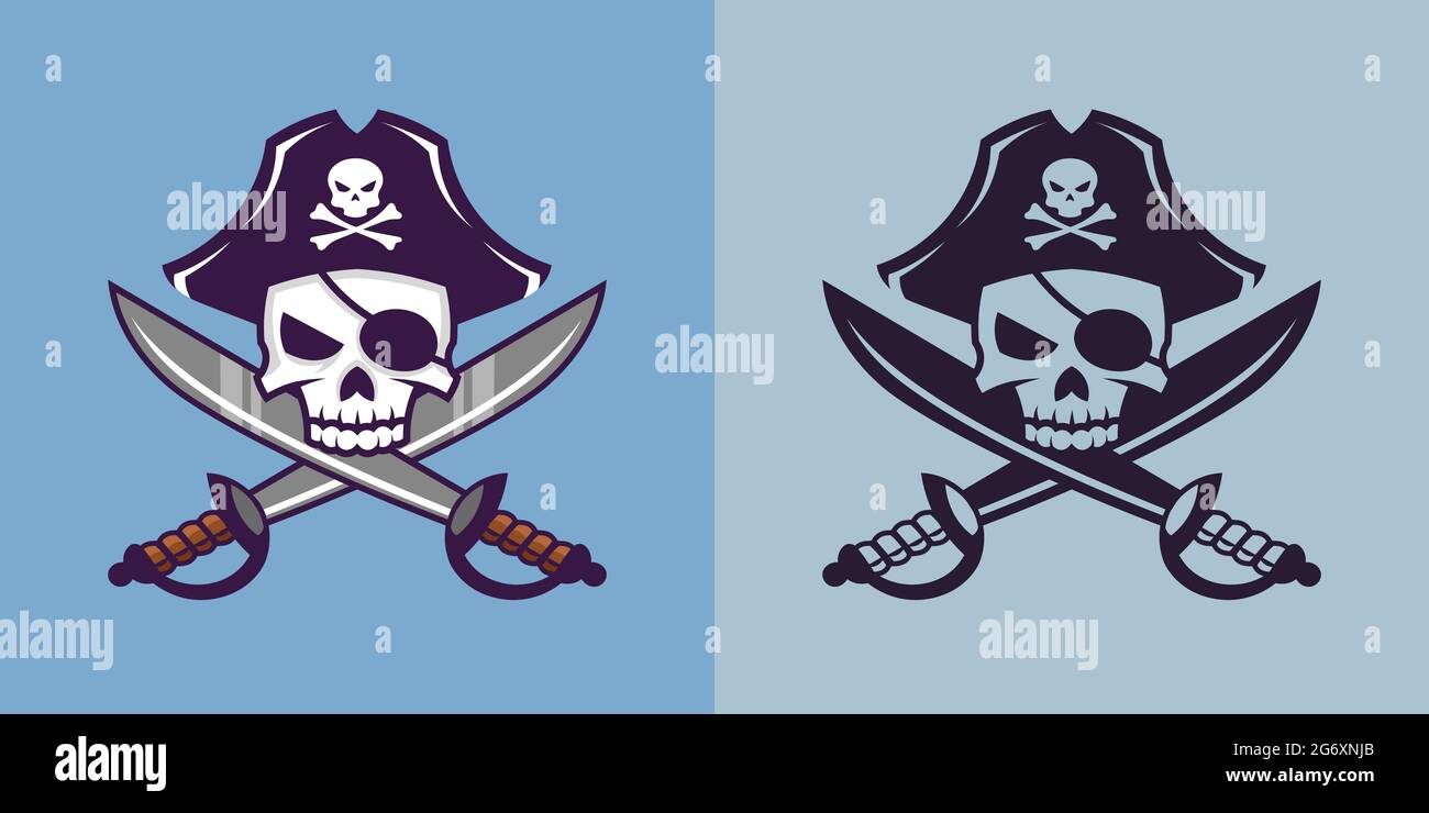 Skull with crossed sabers in different styles. Pirate concept art. Stock Vector