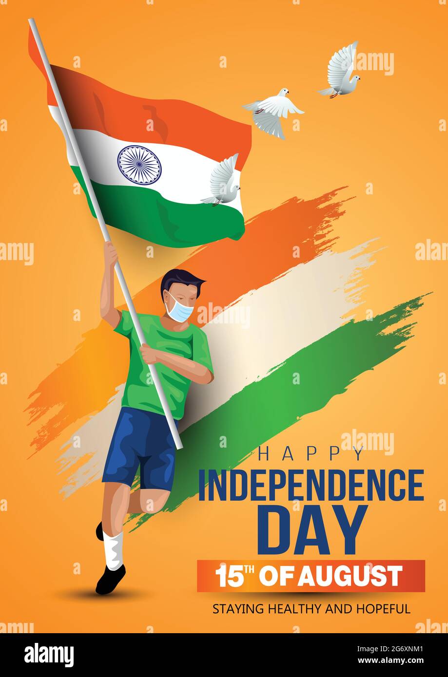 happy independence day India. vector illustration of Indian man with flag. corona virus covid-19 concept. poster, banner, template design Stock Vector