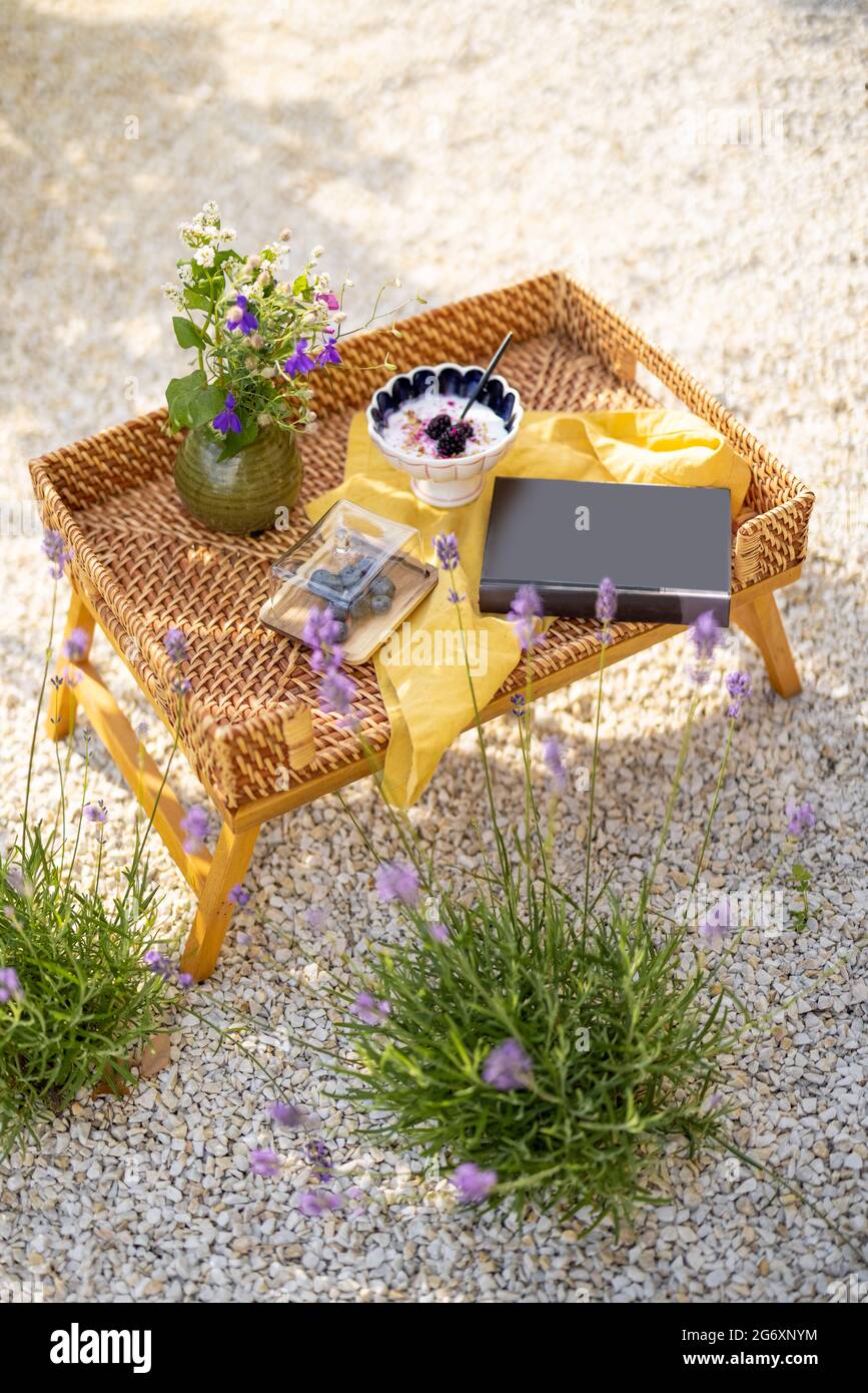 Rattan tray with book, granola and flowers staying in the garden near lavender bush. Calm and relax. Time to reading concept. Stock Photo