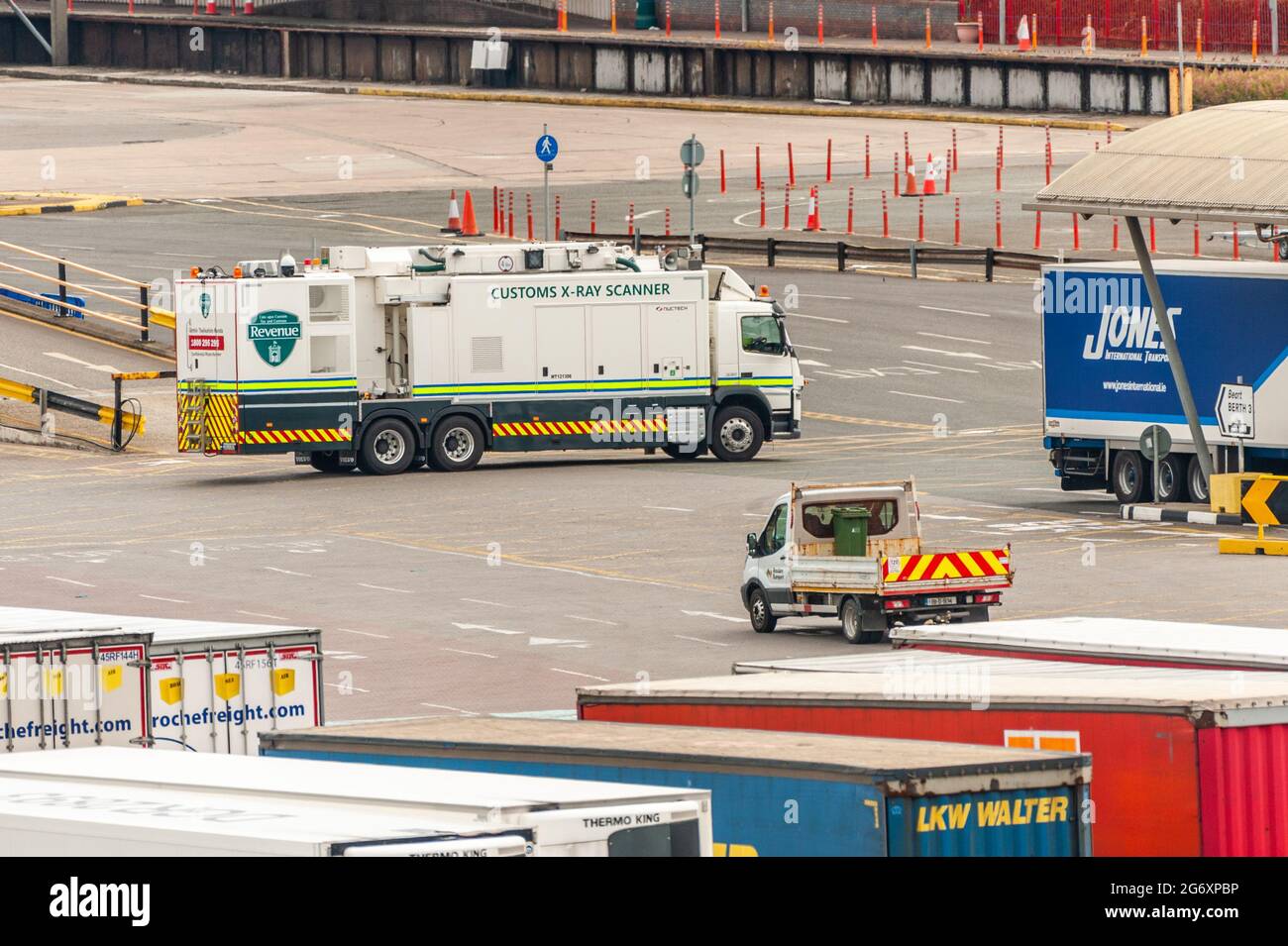 Rosslare, County Wexford, Ireland. 9th July, 2021. The Irish Revenue's Customs X-Ray Scanner at Rosslare Europort. The Irish Revenue has been physically checking 4% of freight arriving into Rosslare and Dublin ports since Brexit in January. Credit: AG News/Alamy Live News Stock Photo