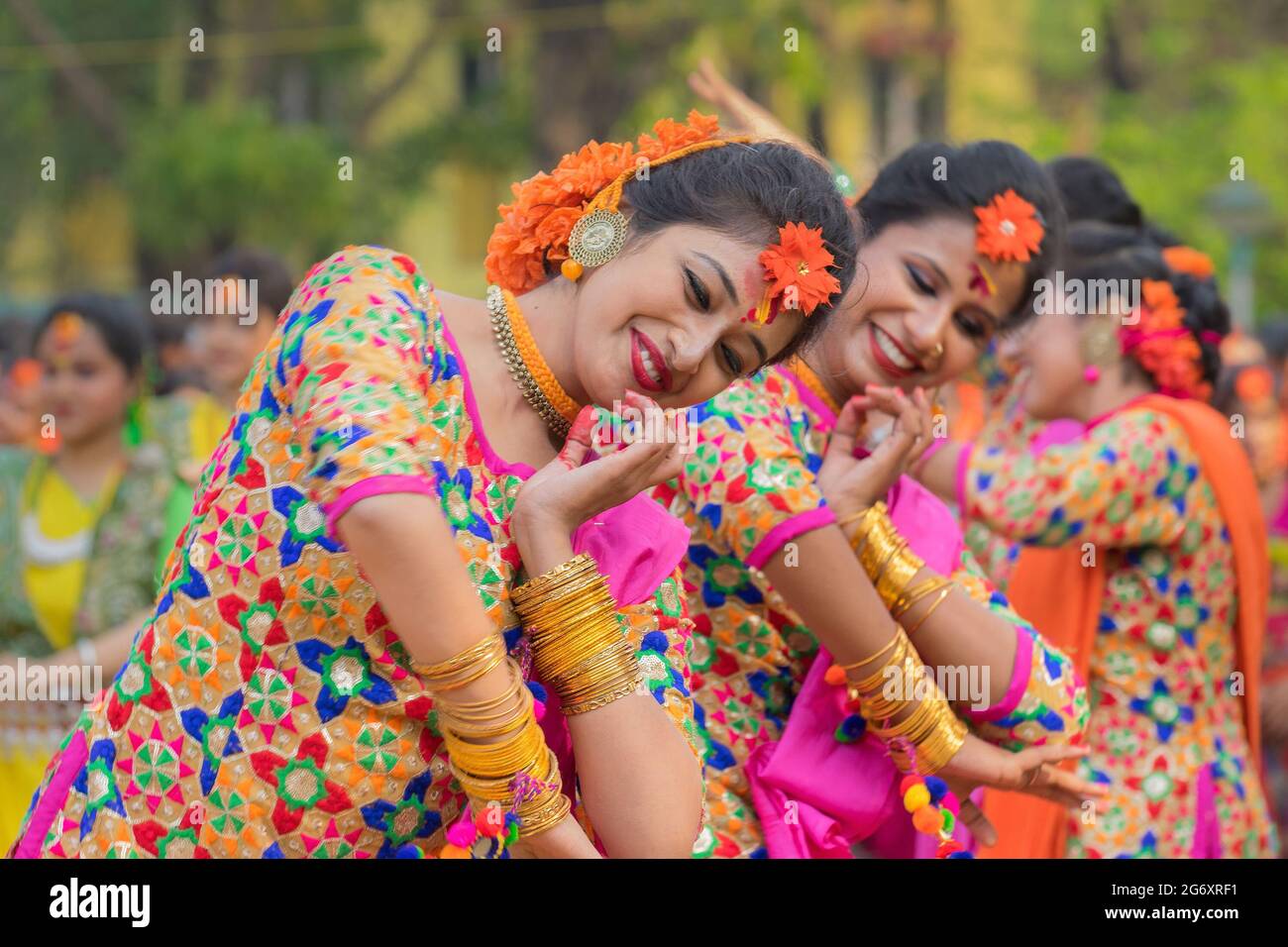KOLKATA , INDIA MARCH 12, 2017 Girl dancers, dressed in sari