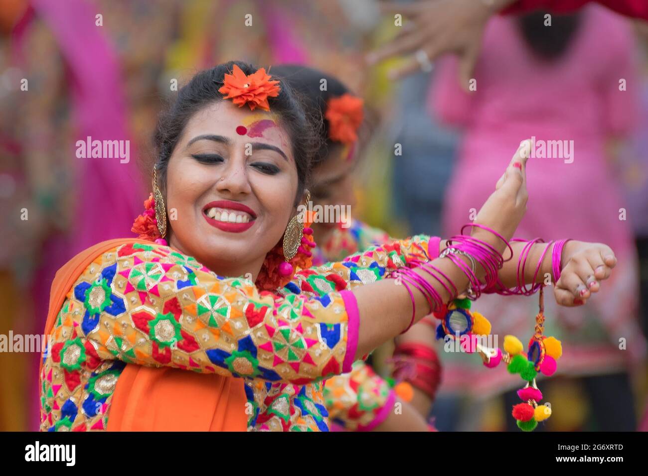 KOLKATA , INDIA MARCH 12, 2017 Girl dancers, dressed in sari