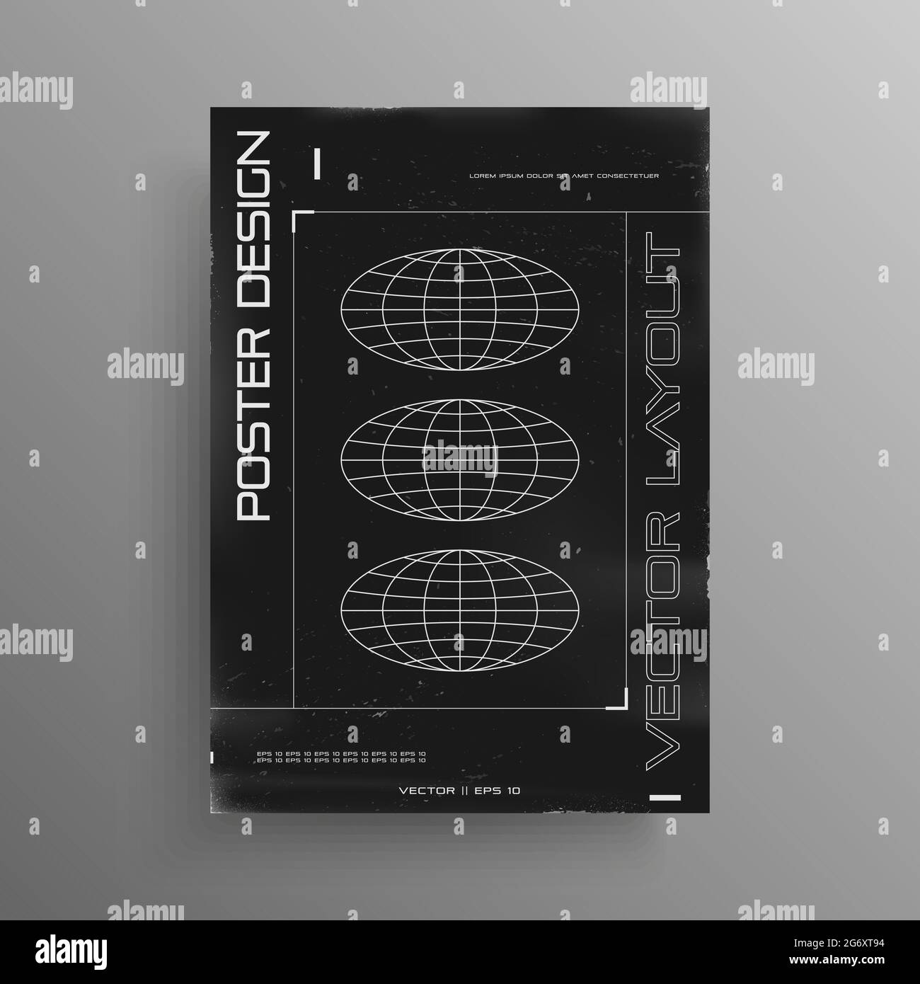 Retrofuturistic black and white poster design with ellipse planets. Retro cyberpunk cover poster with HUD elements. Template for flyer design for Stock Vector