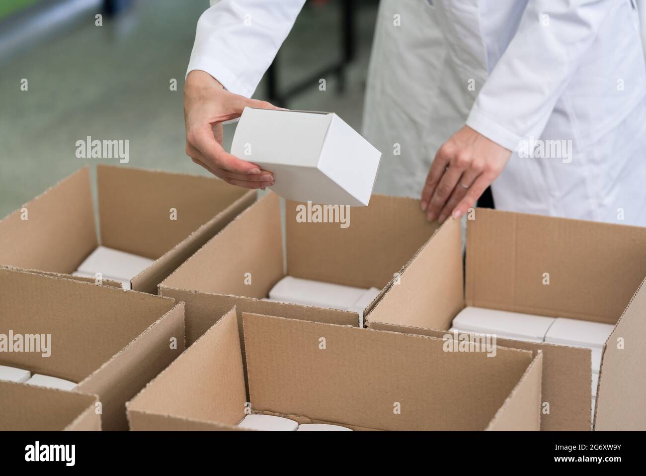 High-angle close-up view of the hands of a manufacturing worker putting packed products in cardboard boxes, before export or shipping during manual wo Stock Photo