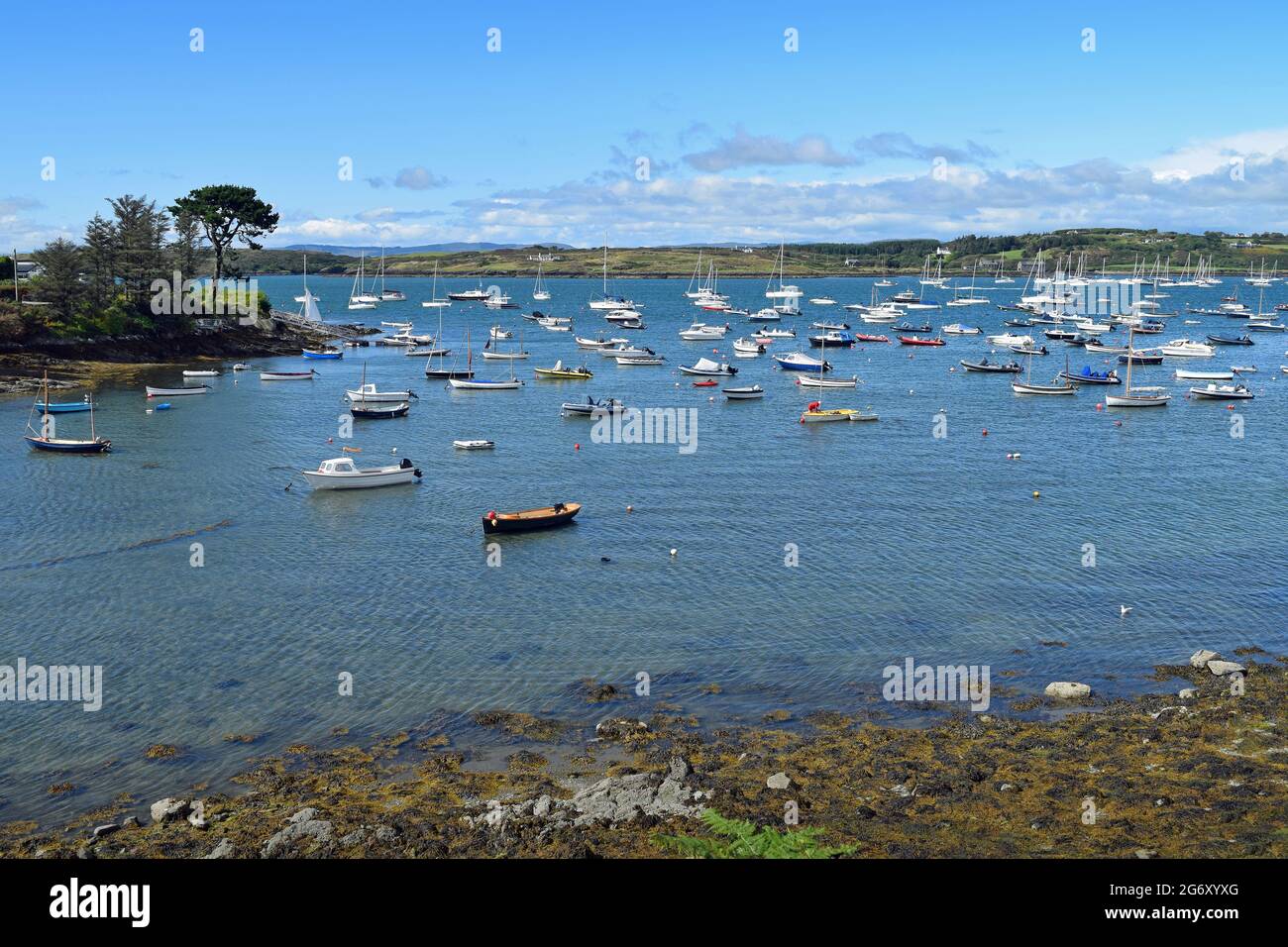 A view of Baltimore harbour and boats on Roaring Water Bay,  West Cork, Ireland. Stock Photo