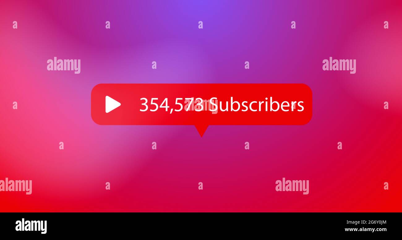 Play button icon, subscribers text and increasing numbers on speech bubble against red background Stock Photo