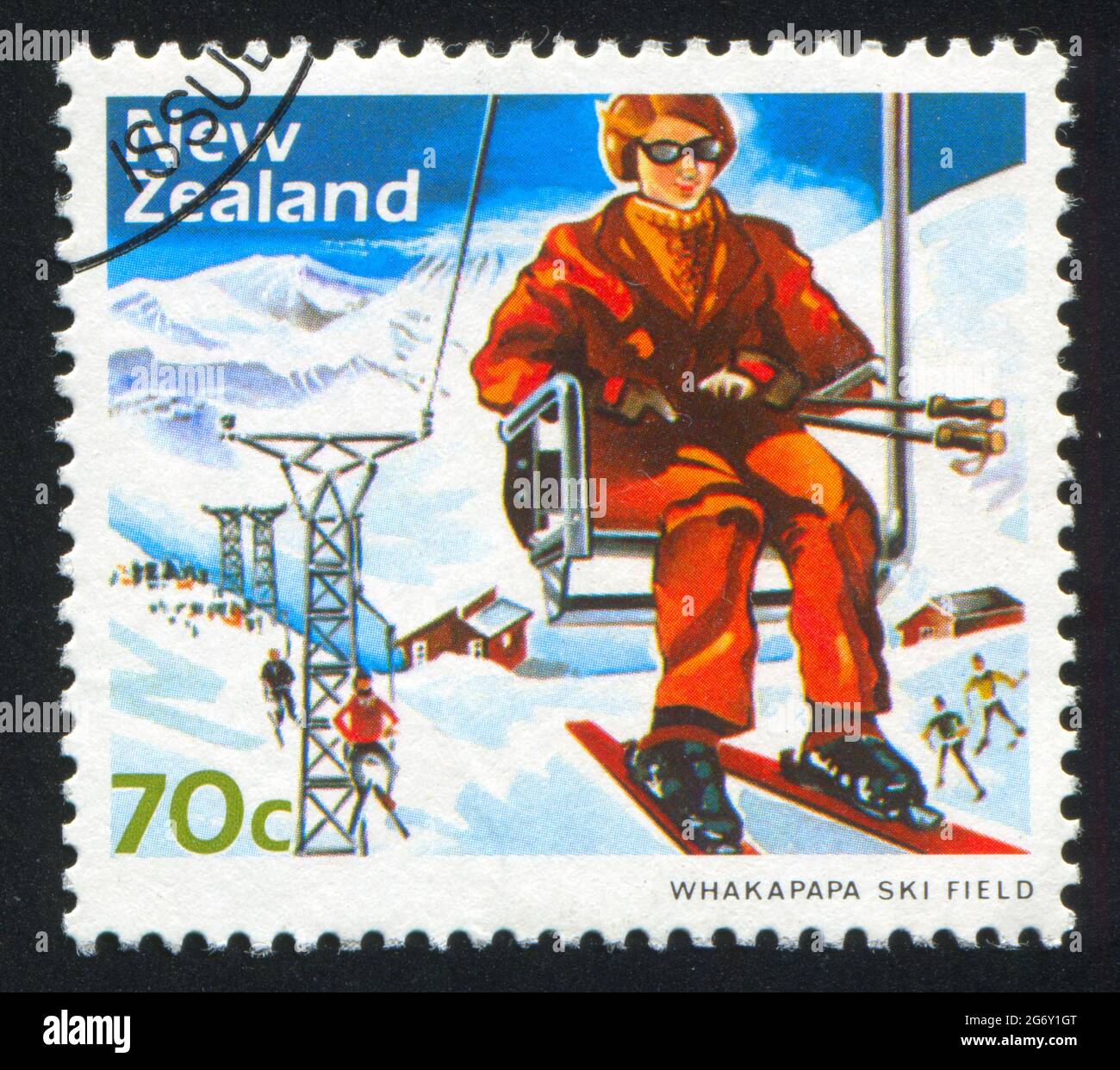 NEW ZEALAND - CIRCA 1984: stamp printed by New Zealand, shows People Going up the Mountain at Whakapapa Ski Field, circa 1984 Stock Photo