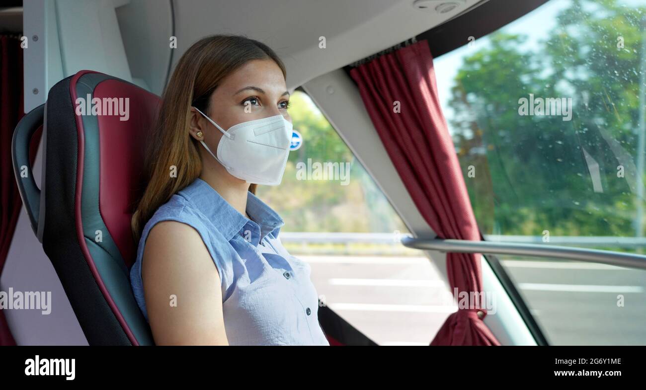 Panoramic banner of young woman with KN95 FFP2 protective face mask ...
