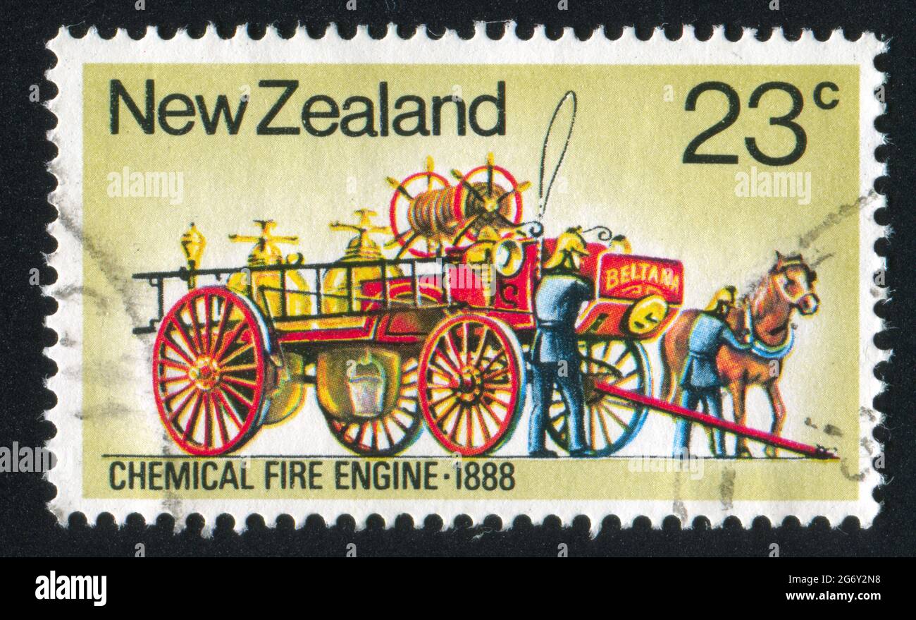NEW ZEALAND - CIRCA 1977: stamp printed by New Zealand, shows Fire Fighting Equipment: Chemical fire engine, circa 1977 Stock Photo