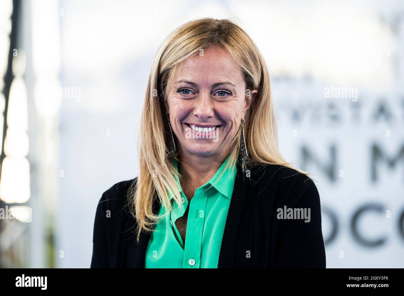 Turin, Italy. 08 July 2021. Giorgia Meloni, President of Fratelli d'Italia (Brothers of Italy), smiles during a presentation of her book 'Io sono Giorgia' (I'm Giorgia). Credit: Nicolò Campo/Alamy Live News Stock Photo