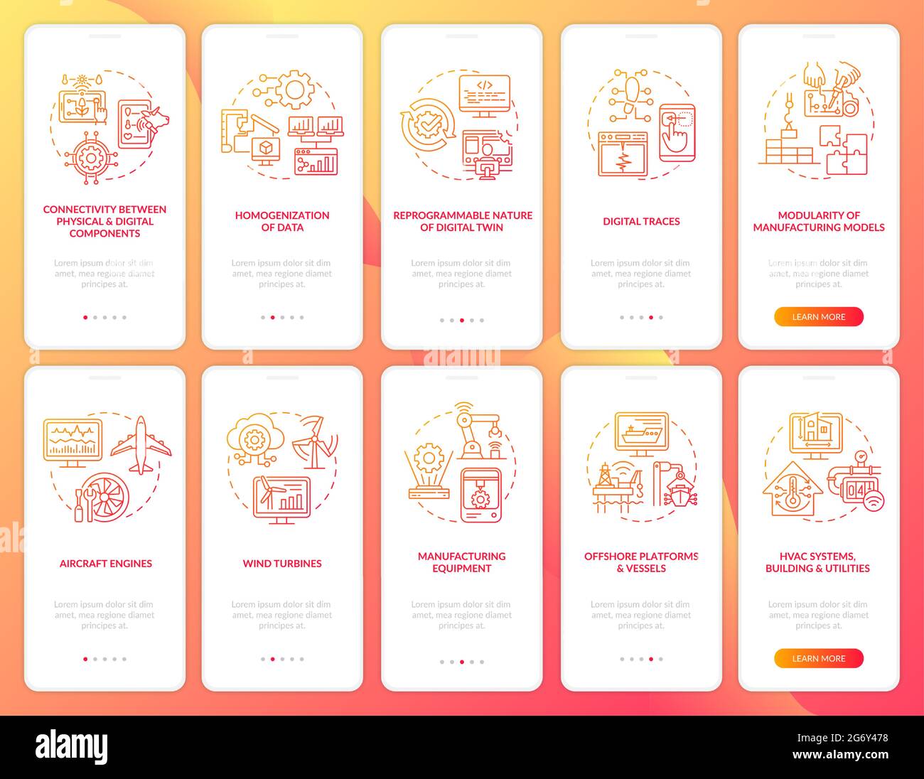 Digital twin onboarding mobile app page screen set Stock Vector