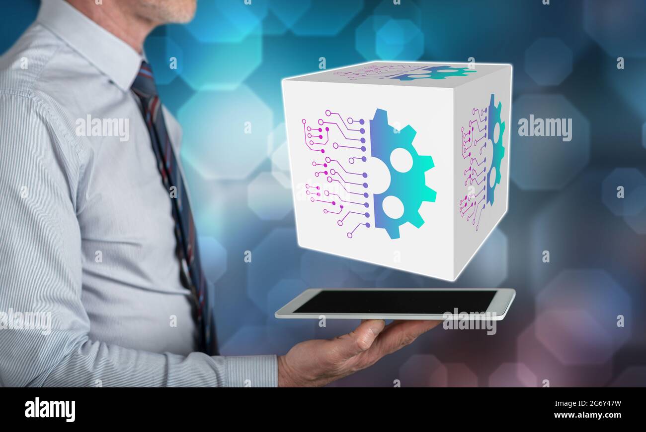 Digital disruption concept above a tablet held by a man Stock Photo