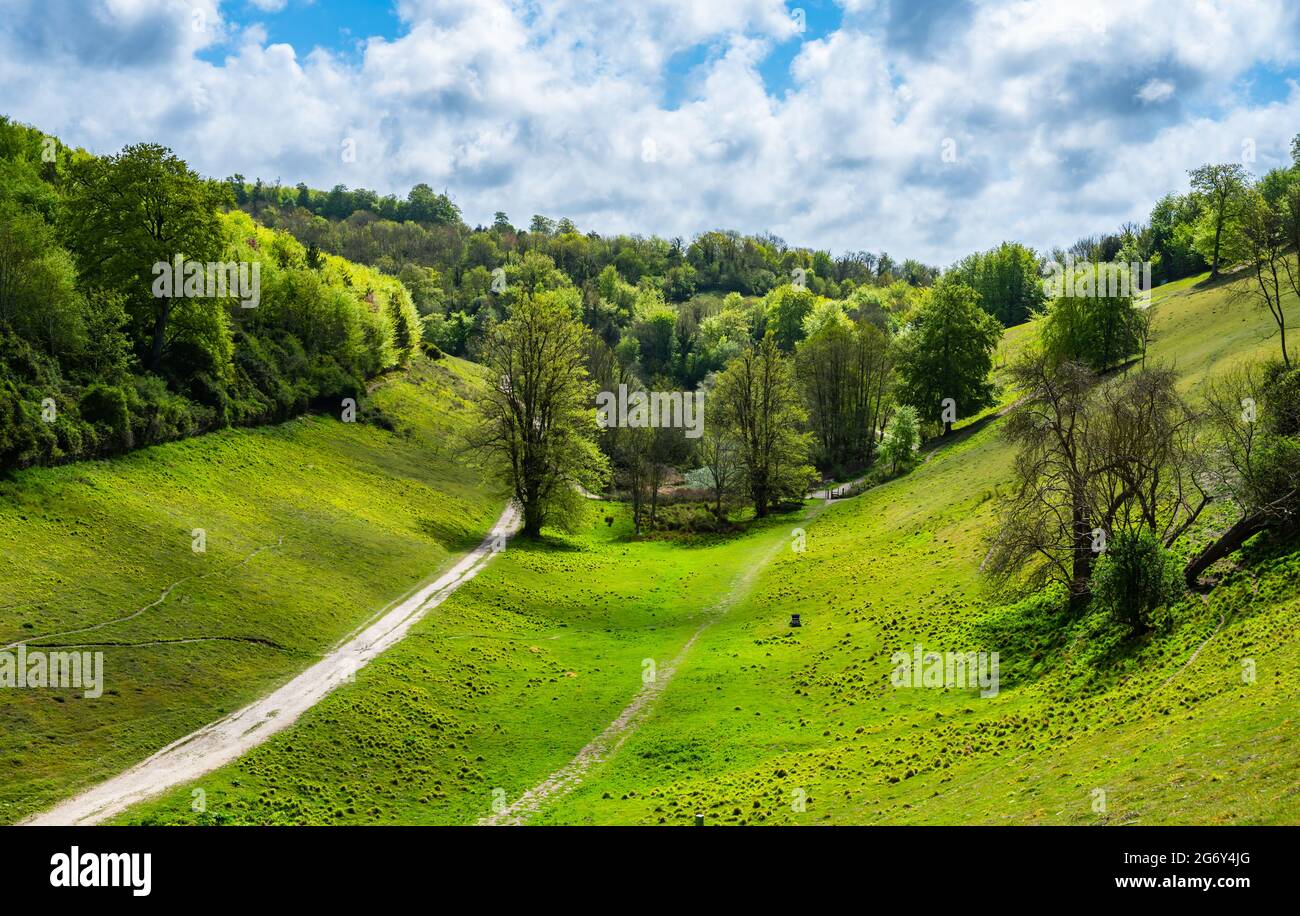 Landscape view of hills, valleys & woodland in the hilly British Countryside in Spring in Arundel Park, South Downs National Park, West Sussex, UK. Stock Photo
