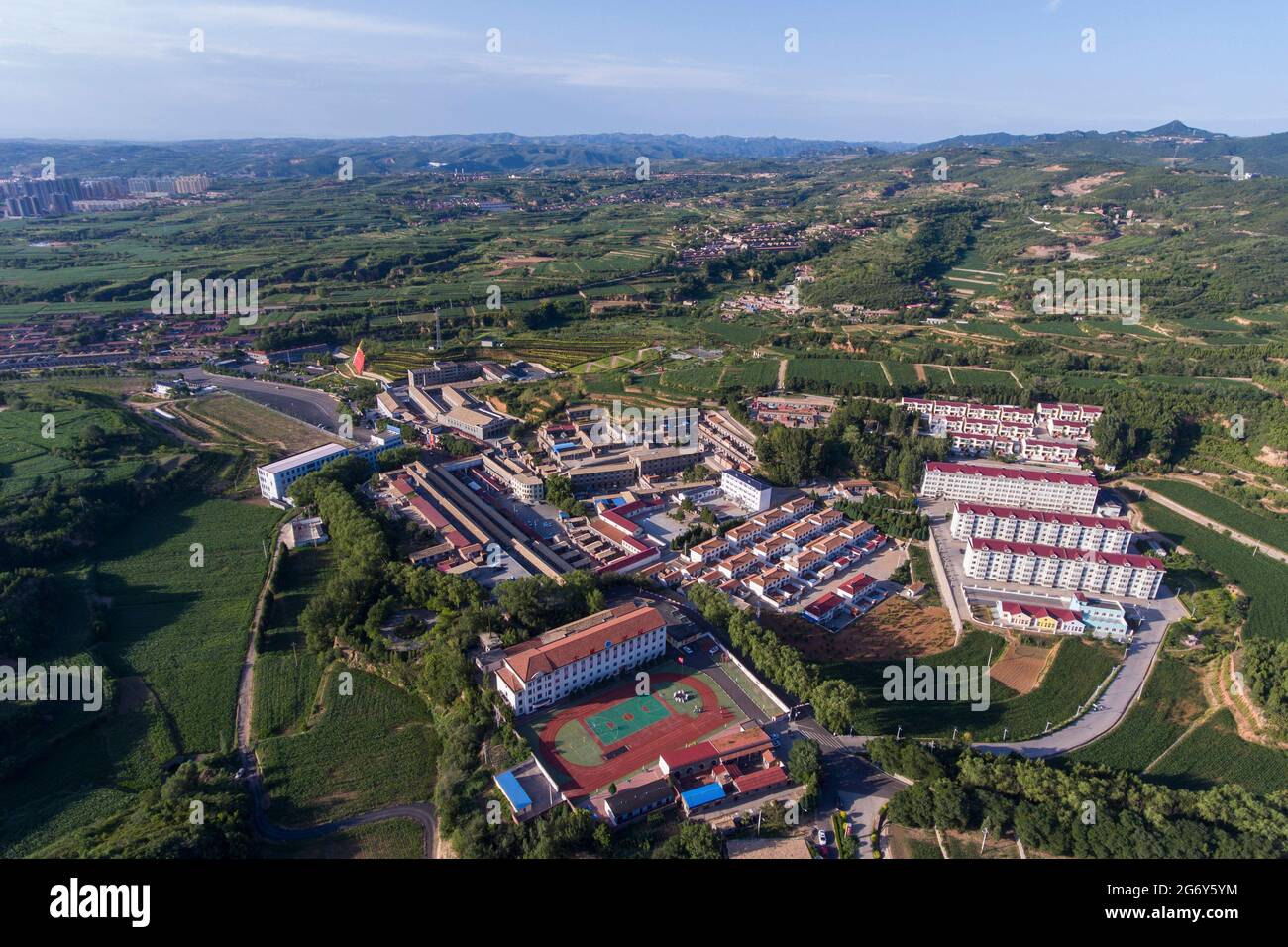 Taiyuan. 1st July, 2021. Aerial photo taken on July 1, 2021 shows a view of Dazhai Village of Jinzhong City, north China's Shanxi Province. Credit: Yang Chenguang/Xinhua/Alamy Live News Stock Photo