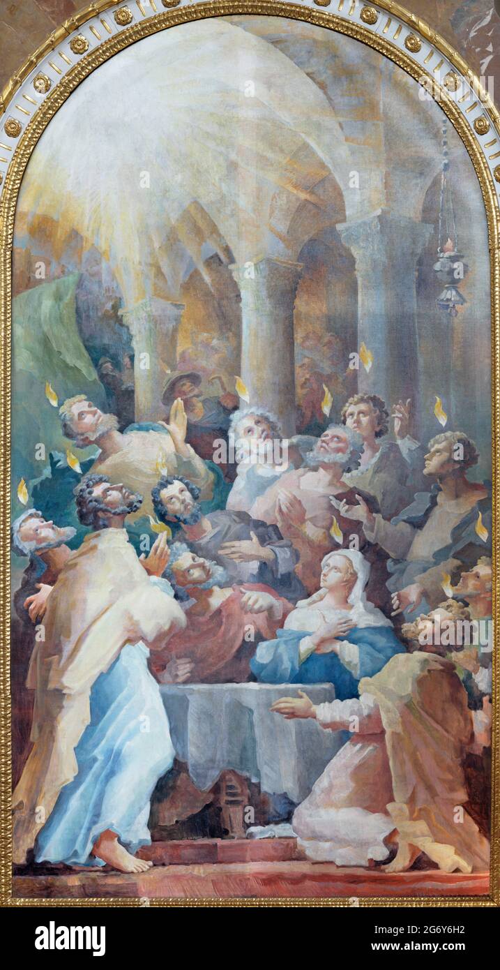 VIENNA, AUSTIRA - JUNI 24, 2021: The painting of Pentecost in the church Kalvarienbergkirche by Hans Alexander Brunner (1962). Stock Photo
