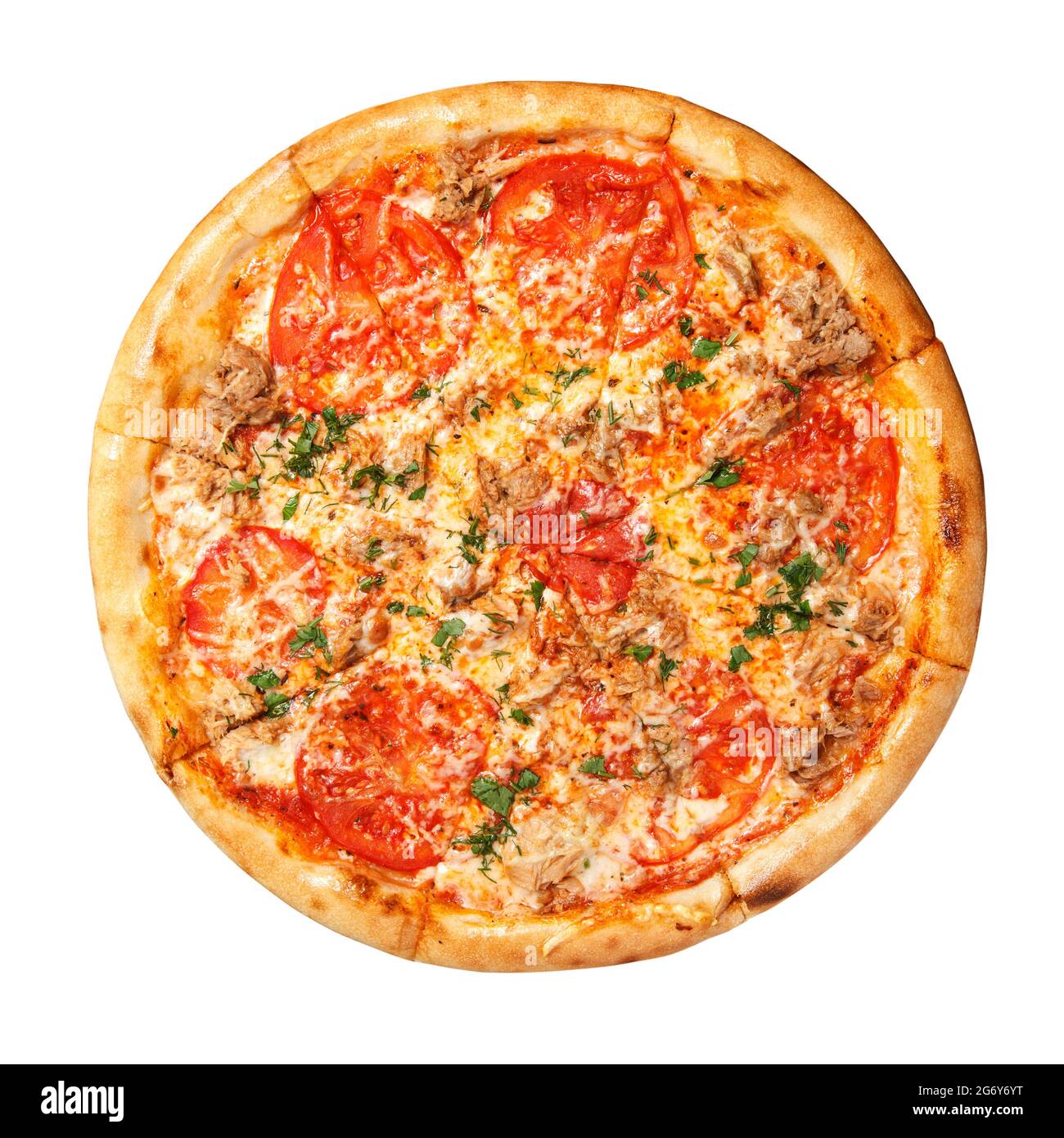 Pizza with tomato slices, beef slices with cheese and fresh herbs