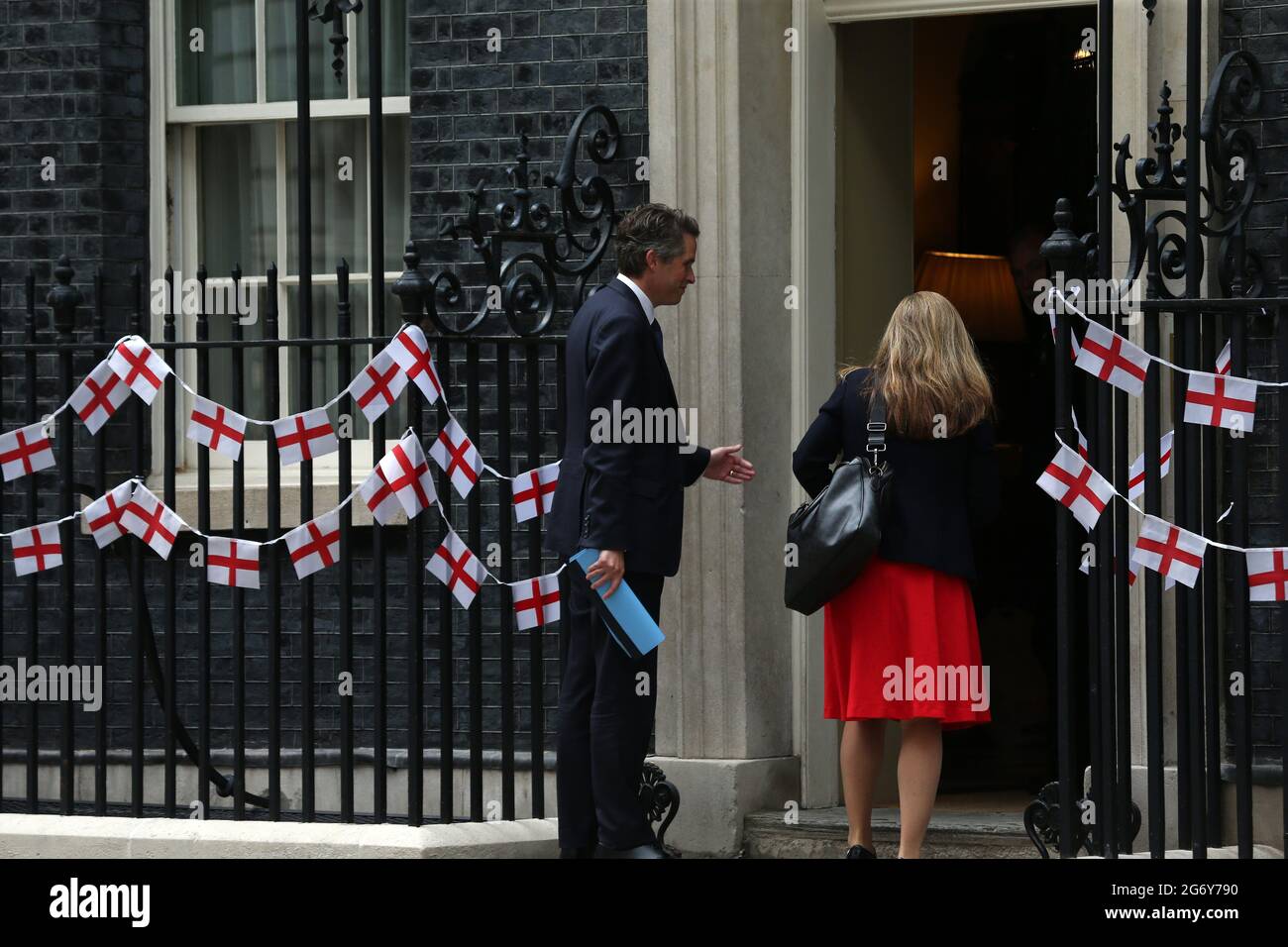 London, England, UK. 9th July, 2021. Secretary of State for Education GAVIN WILLIAMSON is seen in Downing Street decorated with English flags ahead of Euro 2020 final against Italy on Sunday. Credit: Tayfun Salci/ZUMA Wire/Alamy Live News Stock Photo