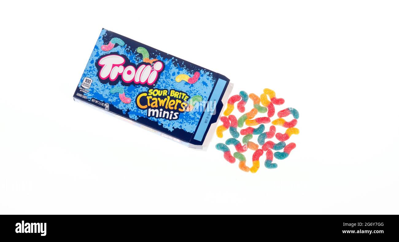 Open Box of Trolli Candy Sour Brite Crawlers Minis Stock Photo