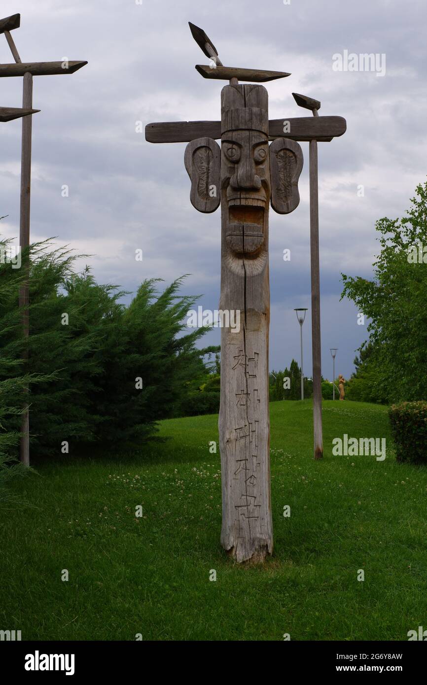 Jan-Seung and Sot-Dae Wood Sculptures at Entrance of a Park in Turkey Stock Photo