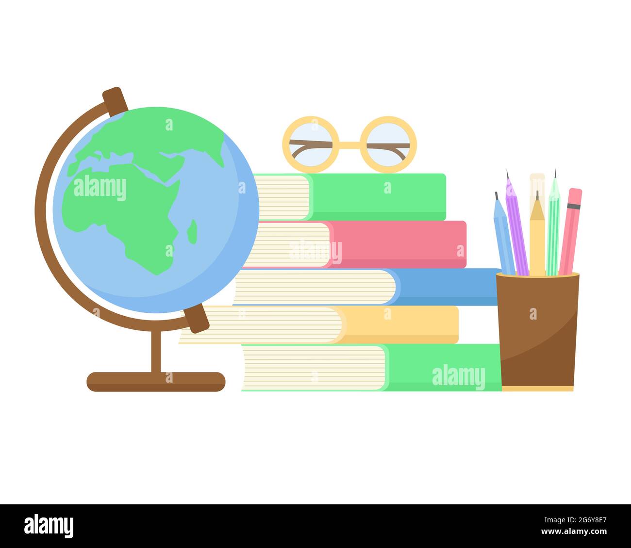 School stationery set, vector flat illustrations. Concept, welcome back to school. Stationery and books. Education and study banner. Stock Vector