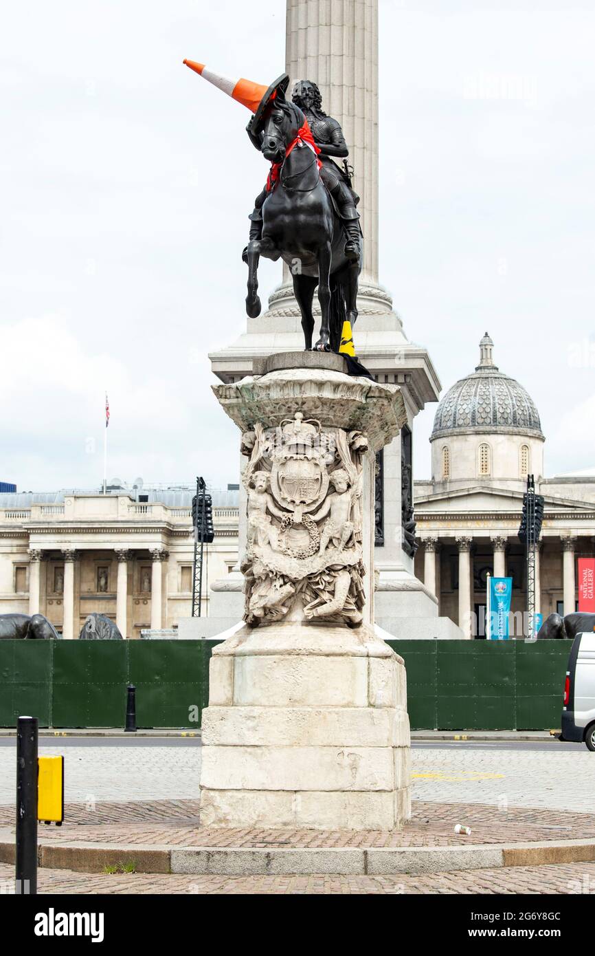 London, UK. 09th July, 2021. An equestrian statue of Charles I in