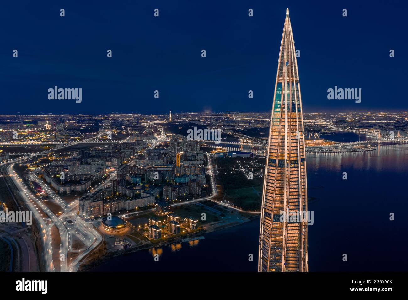 Aerial  view of Lakhta Center during the night,  Saint Petersburg, Russia Stock Photo